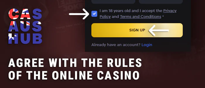Agree to the terms and conditions and confirm your registration at the casino with CreditCard payments