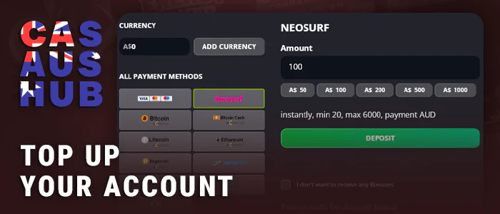 Make a deposit to live casino in AUD currency