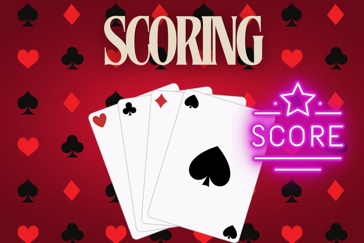 cards, neon inscription score and inscription scoring on a red background