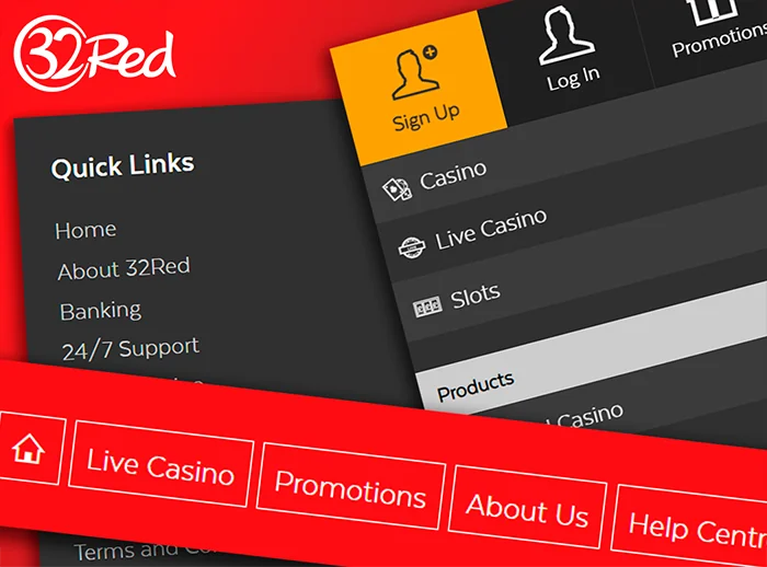 Screenshots of the menu on the 32Red casino site