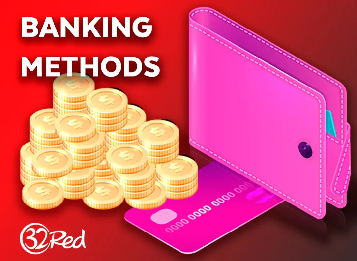 Wallet with payment card and coins and 32Red casino logo