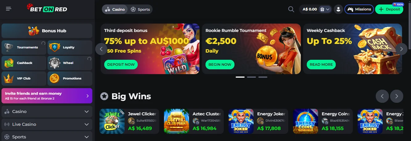 Screenshot of BetOnRed Casino for real money gambling