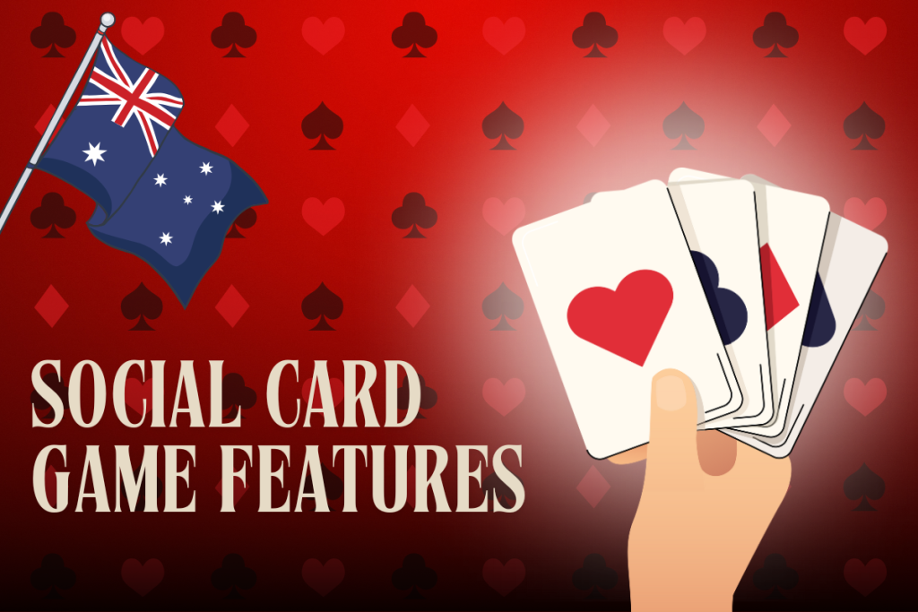 australian flag, playing cards in hands on red card background