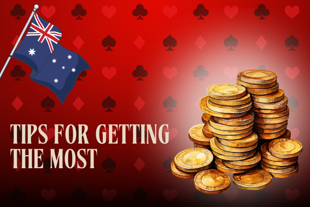 australian flag, gold coins on red card background