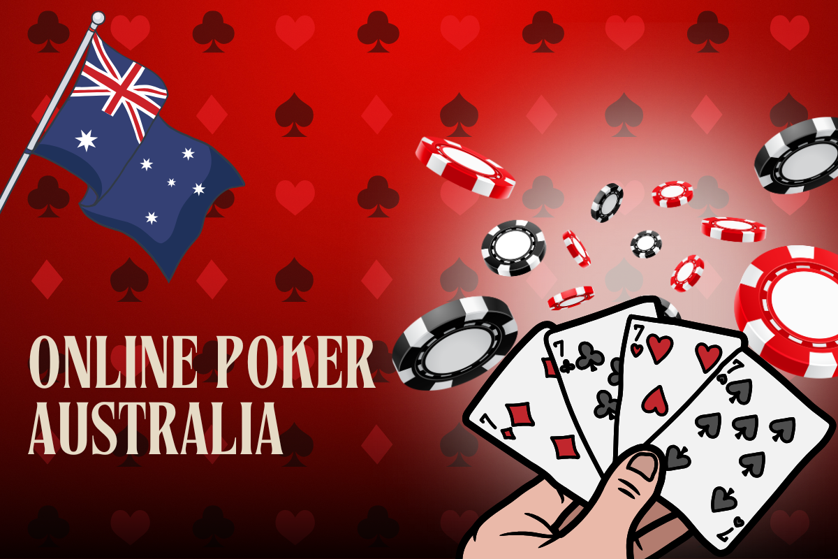 australian flag, hand with cards and coins on red card background