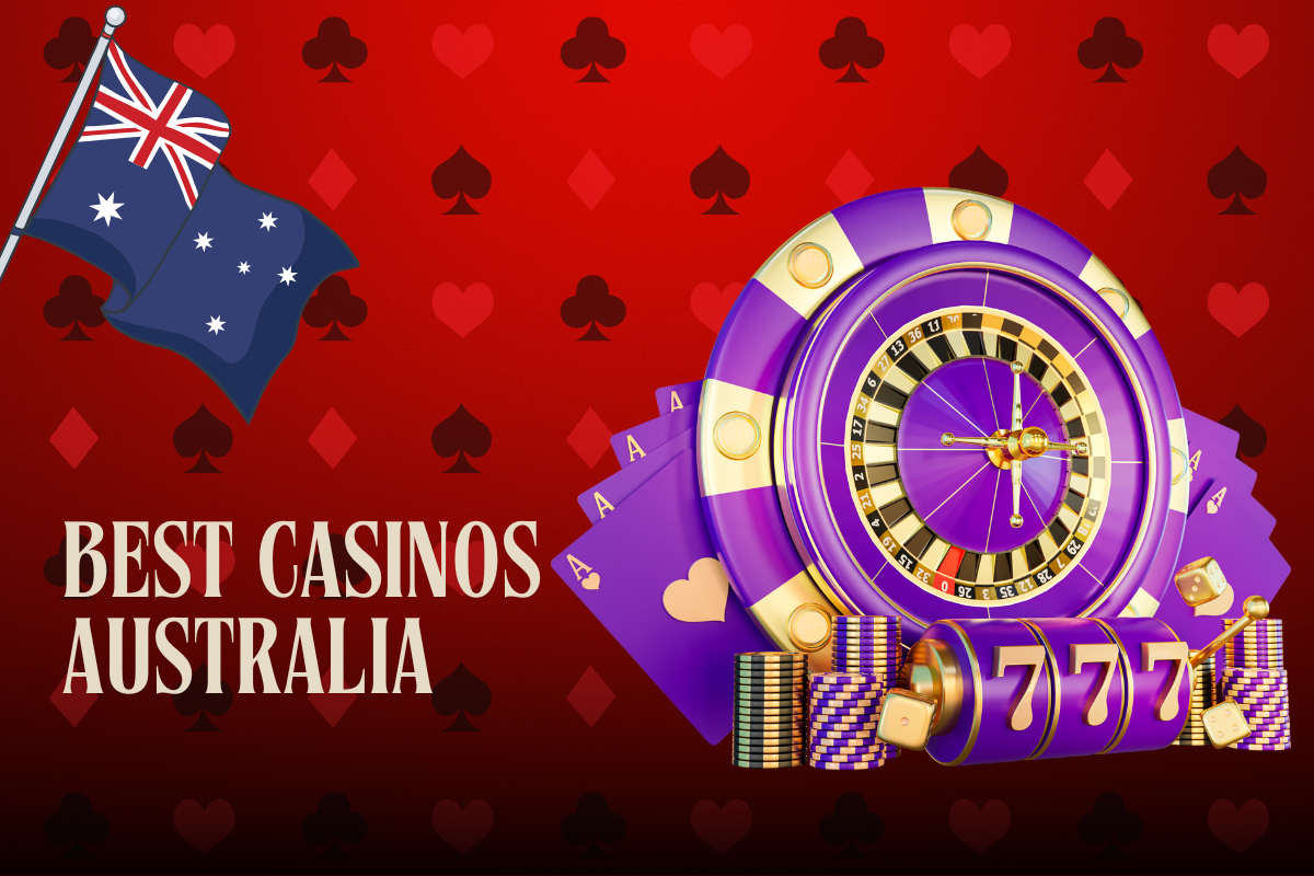 purple casinos objects and australian flag on red card background