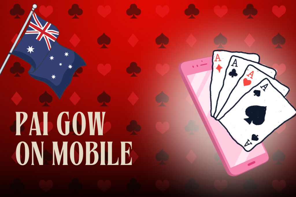 australian flag, pink mobile with cards on red card background