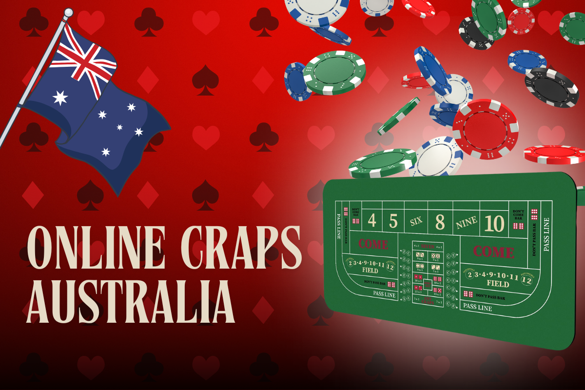 australian flag, craps and poker chips on red card background