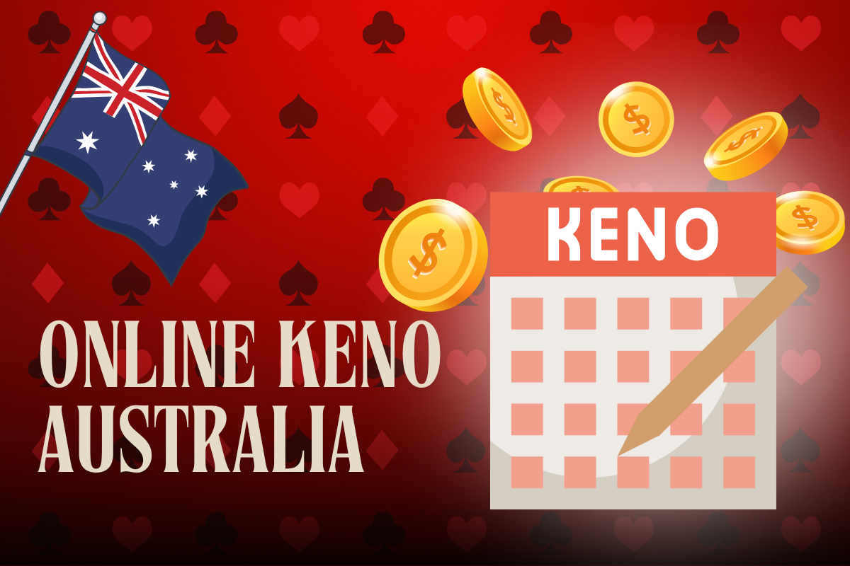 australian flag, keno with gold coins on red card background