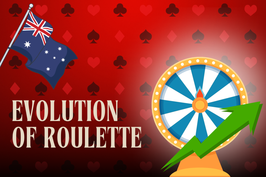 australian flag, roulette with green arrow on red card background