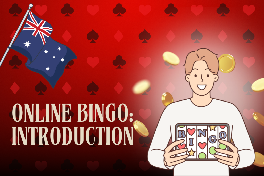 australian flag, boy with online bingo on red card background