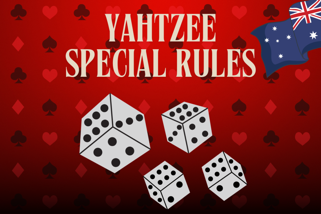 four white dices and the Australian flag on a red card background