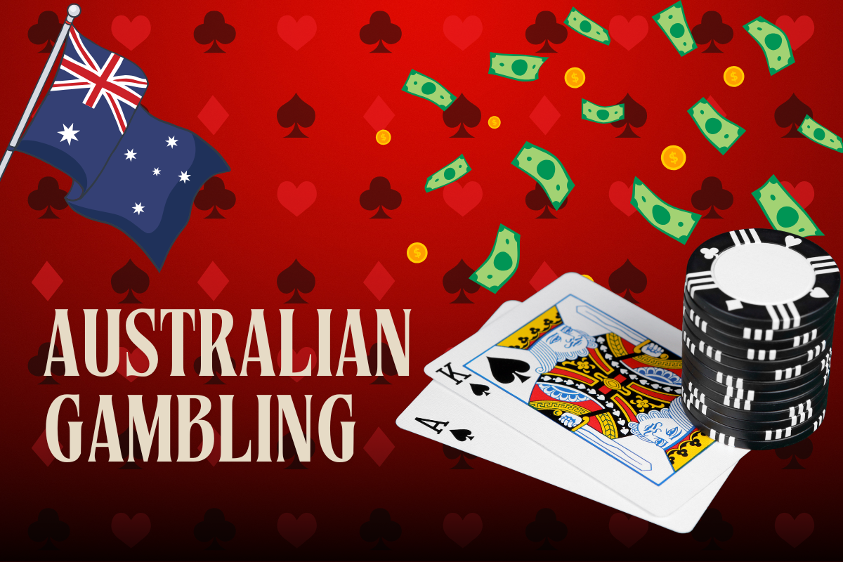 cards and poker chips and australian flag on red card background