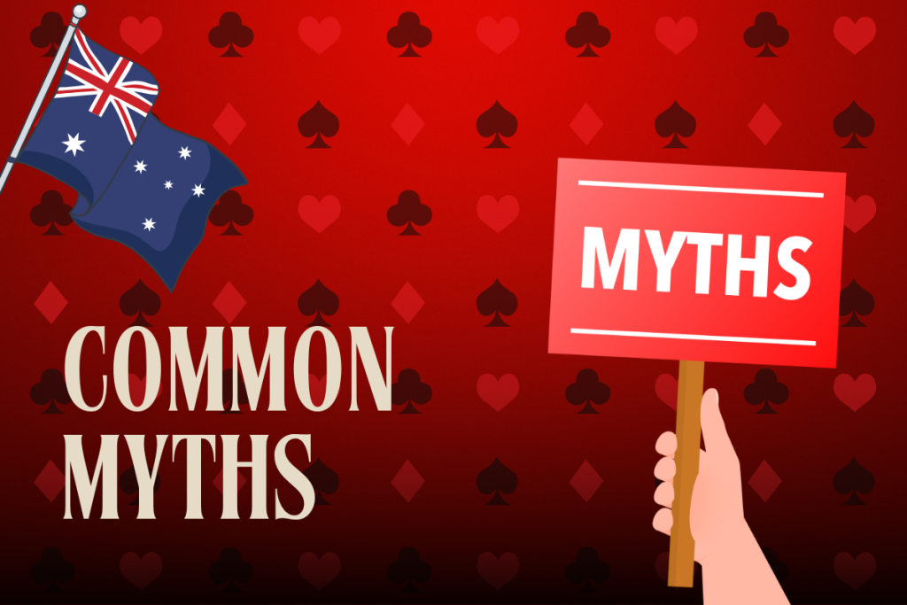 hand with sign myths and australian flag on red card background