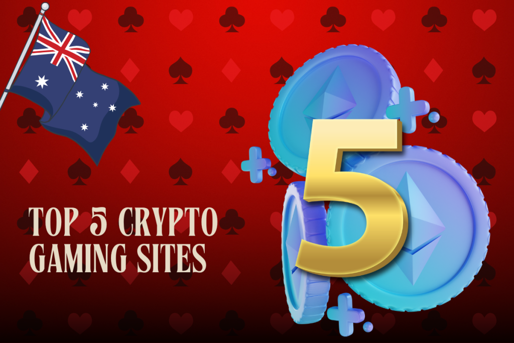 crypto coins with 5 and australian flag on red card background