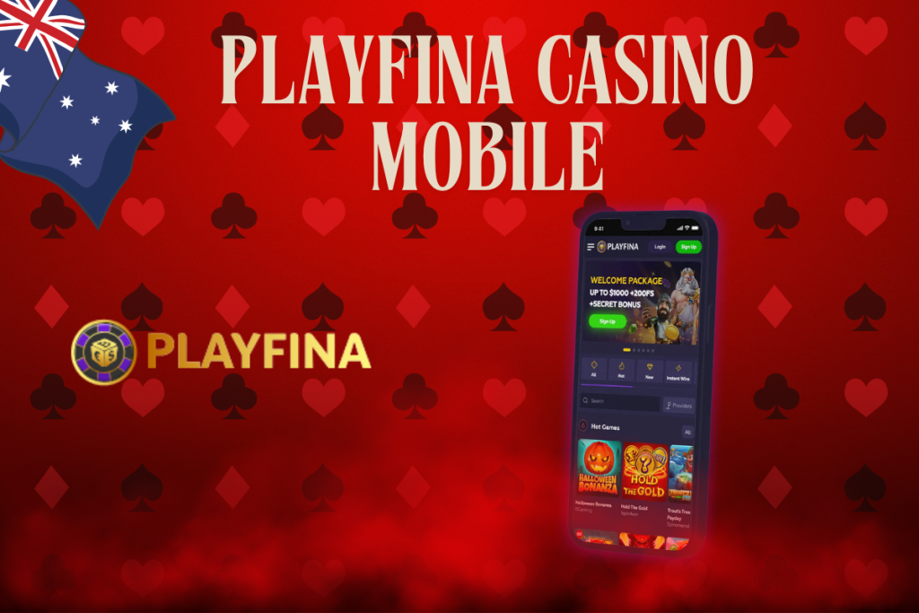 mobile with playfina casino, playfina logo and australian flag on red background