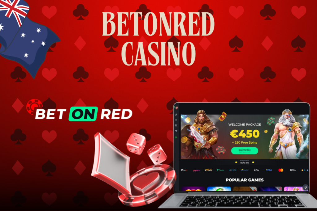 laptop with betonred casino, betonred logo and australian flag on red background