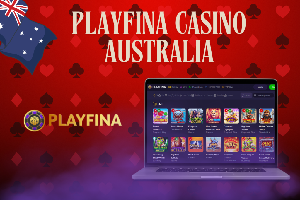 laptop with Playfina casino, Playfina logo and australian flag on red background