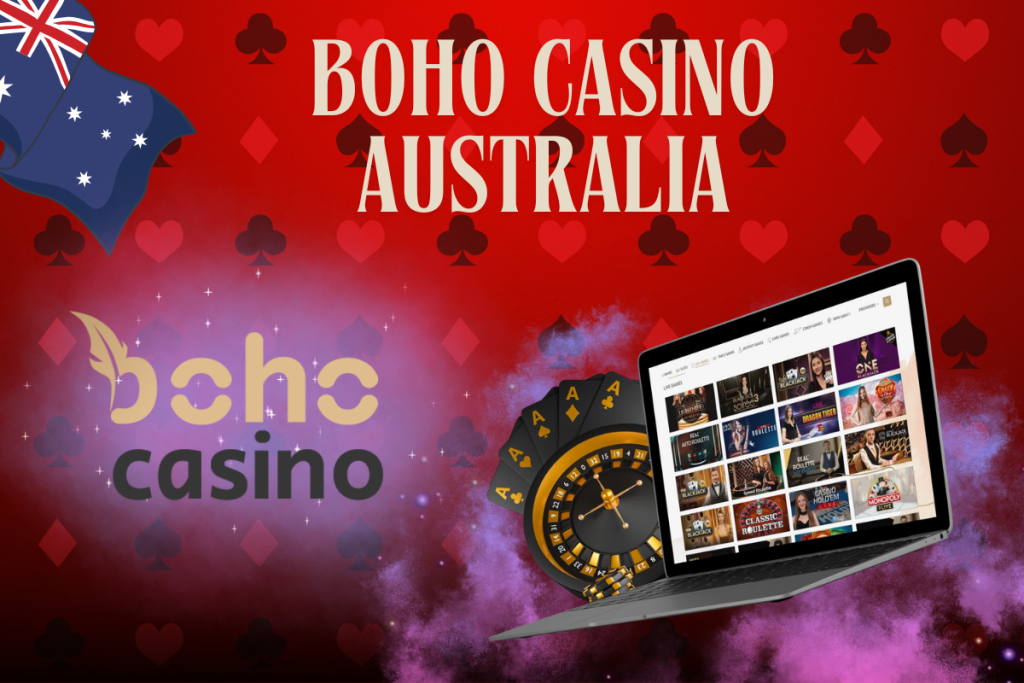 laptop with Bohocasino, Boho logo and australian flag on red background