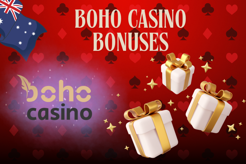 white boxes, boho casino logo and australian flag on red background