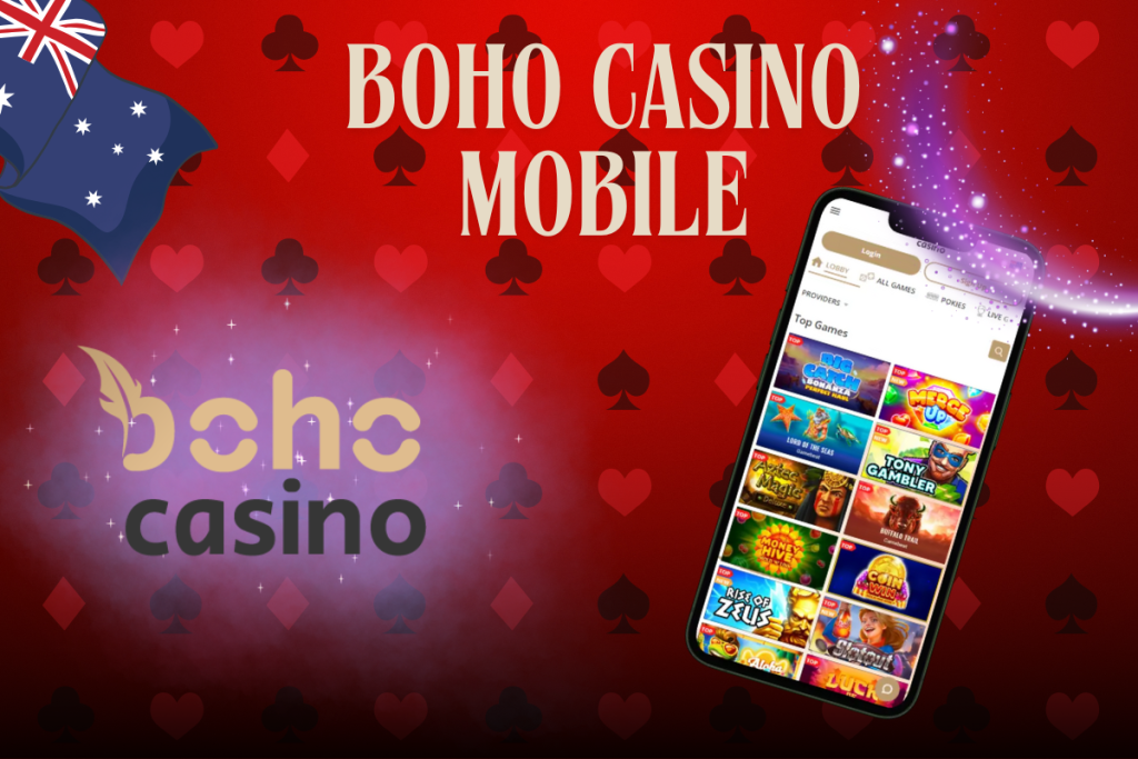 mobile with boho casino, boho logo and australian flag on red background