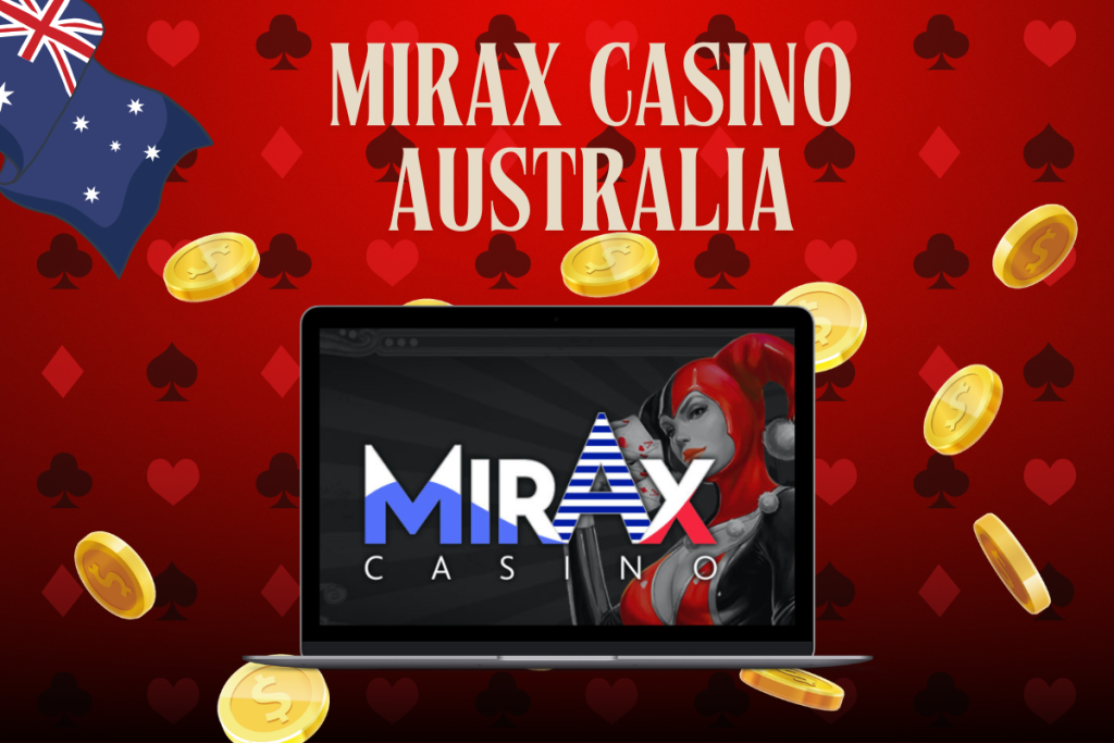 laptop with mirax casino, mirax logo and australian flag on red background