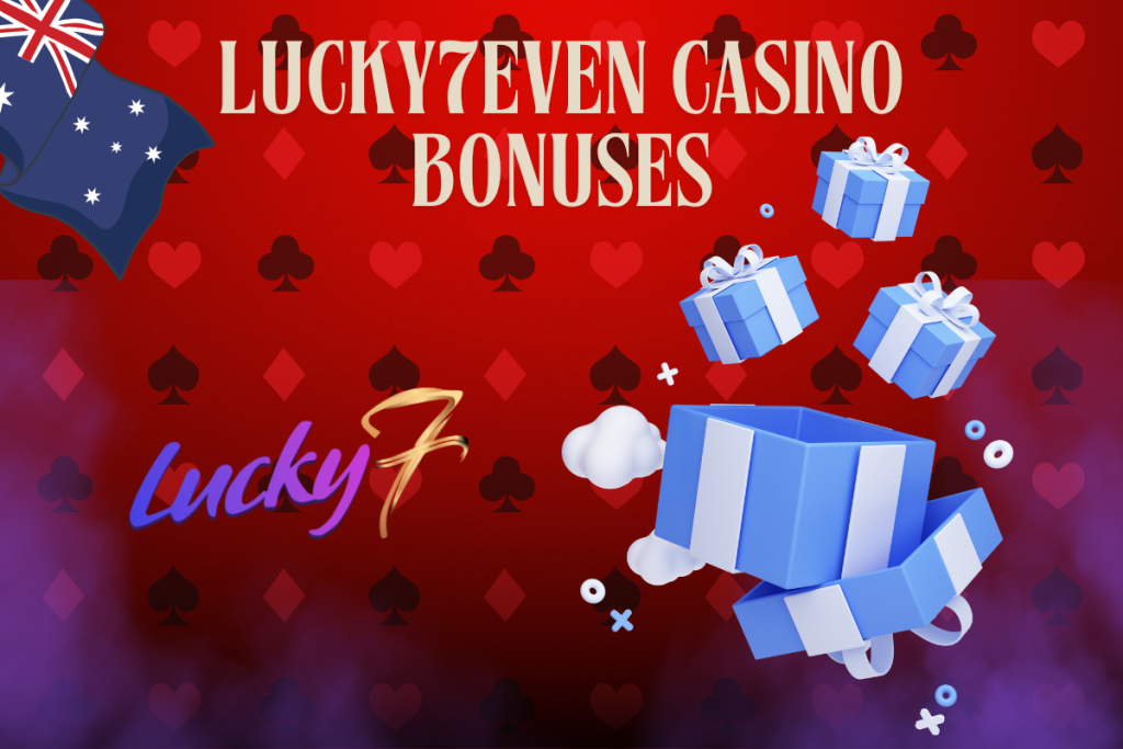 blue presents, lucky 7 logo and australian flag on red background