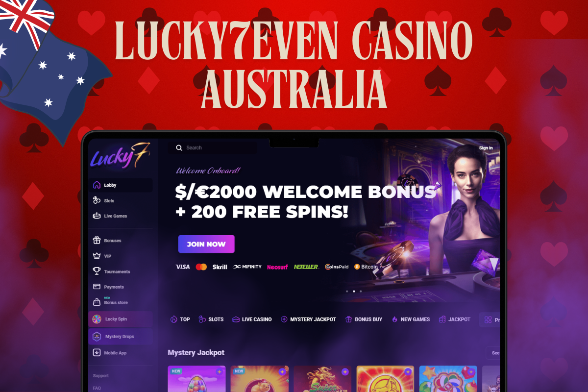 laptop with Lucky7even casino, Lucky7even logo and australian flag on red background