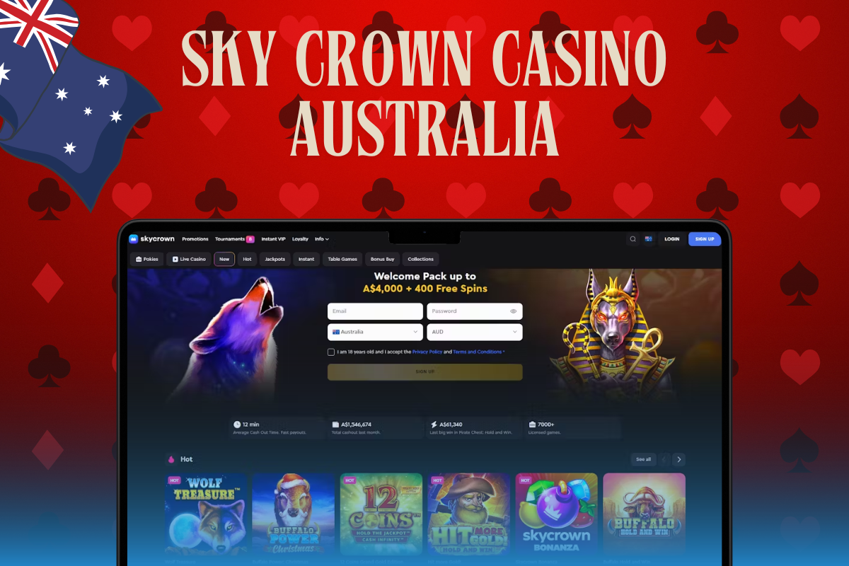 laptop with sky crown casino, sky crown logo and australian flag on red background