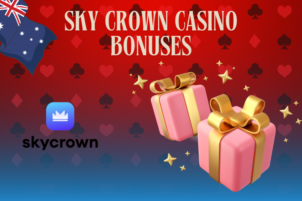 pink presents, skycrown logo and australian flag on red background
