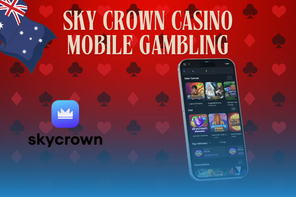 mobile with skycrown casino, skycrown logo and australian flag on red background