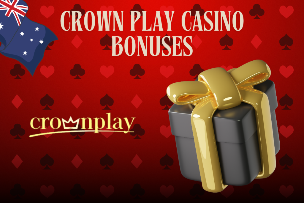 black present, crownplay logo and australian flag on red background