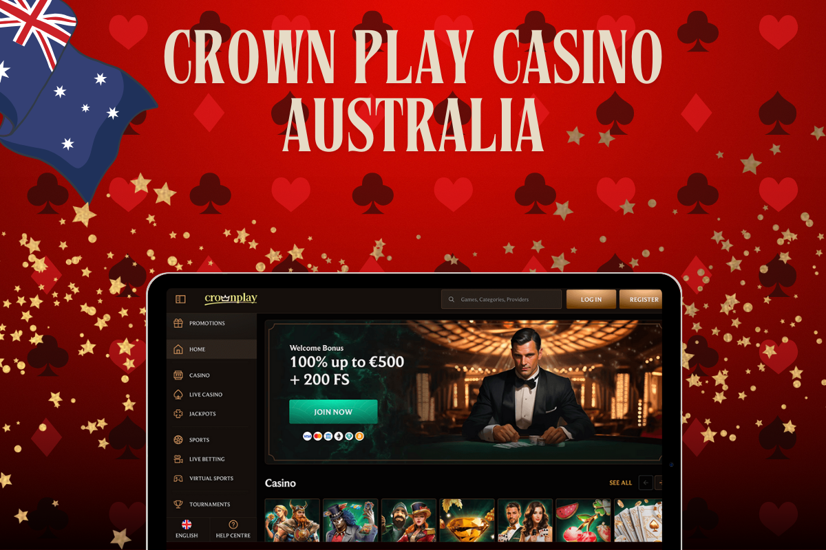 tablet with crown play casino, crown play logo and australian flag on red background
