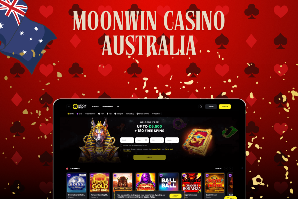 tablet with moonwin casino, moonwin logo and australian flag on red background