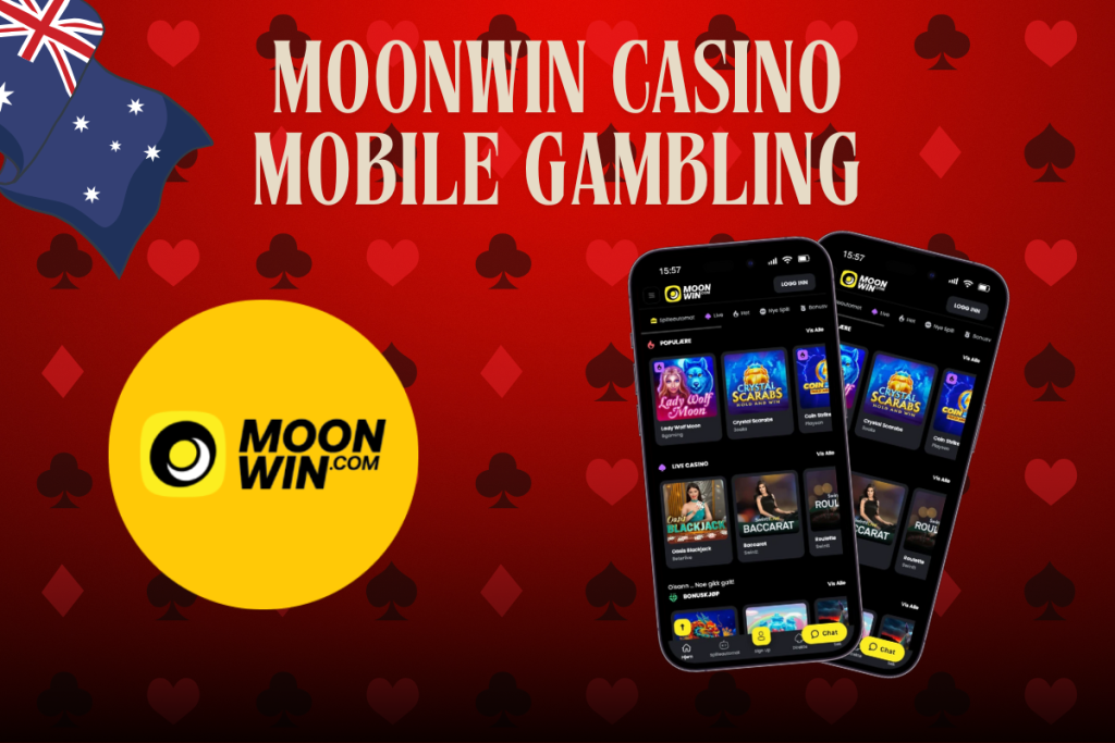 mobile with moonwin casino, moonwin logo and australian flag on red background