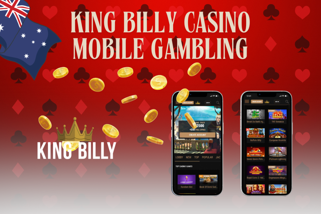 mobile with king billy casino, king billy logo and australian flag on red background
