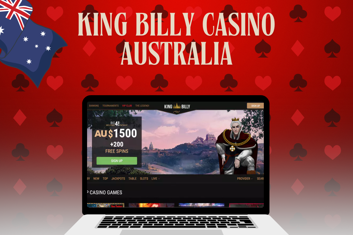 laptop with king billy casino, king billy logo and australian flag on red background