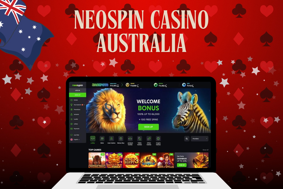 laptop with neospin casino, neospin logo and australian flag on red background