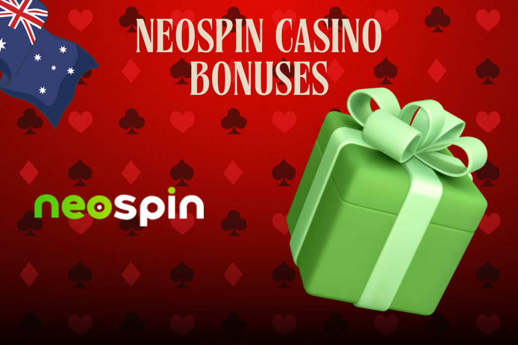 green present, neospin logo and australian flag on red background