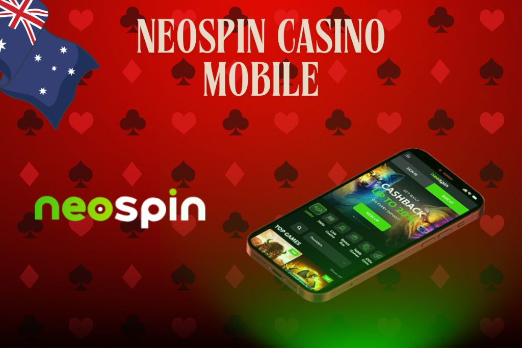 mobile with neospin casino, neospin logo and australian flag on red background