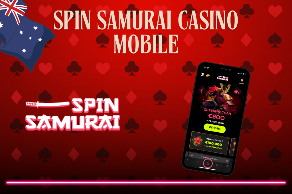 mobile with spin samurai casino, spin samurai logo and australian flag on red background