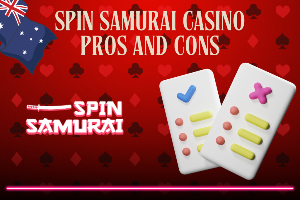 pros and cons, spin samurai logo and australian flag on red background