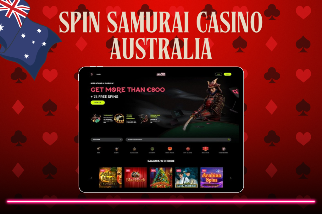 tablet with spin samurai casino, spin samurai logo and australian flag on red background
