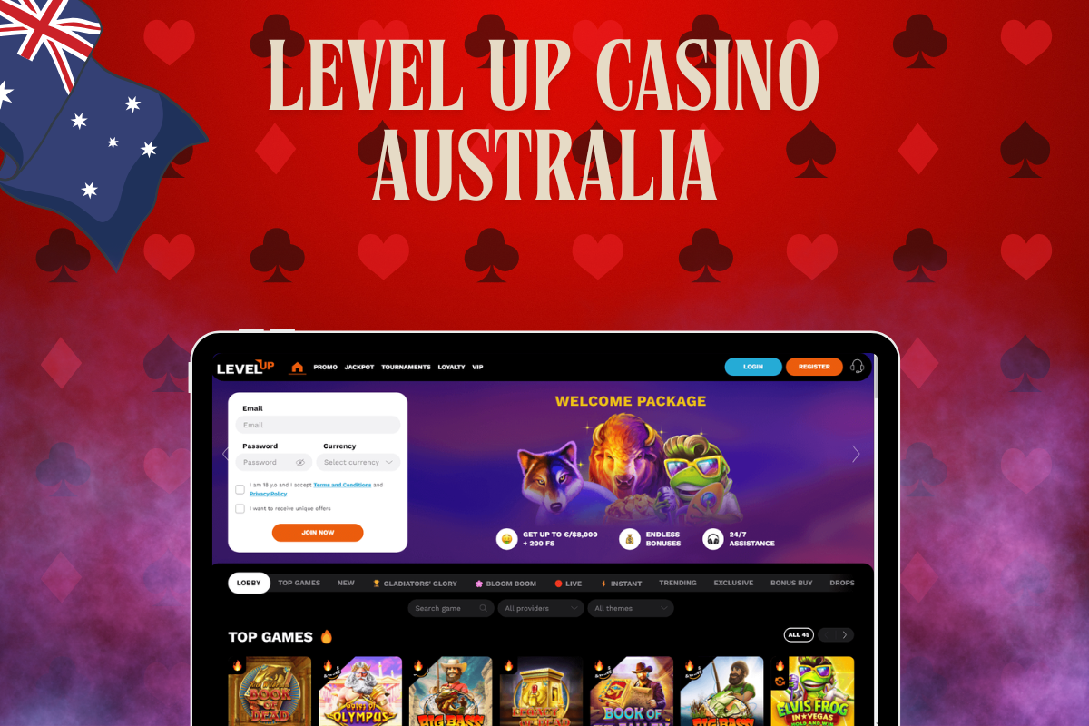 tablet with level up casino, level up logo and australian flag on red background