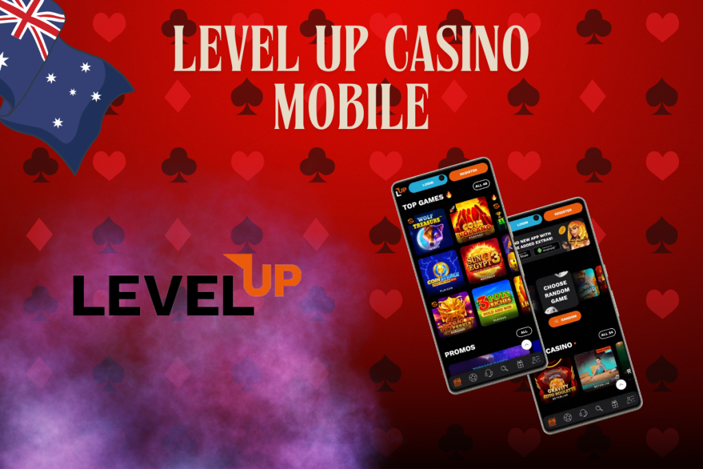mobile with level up casino, level up logo and australian flag on red background