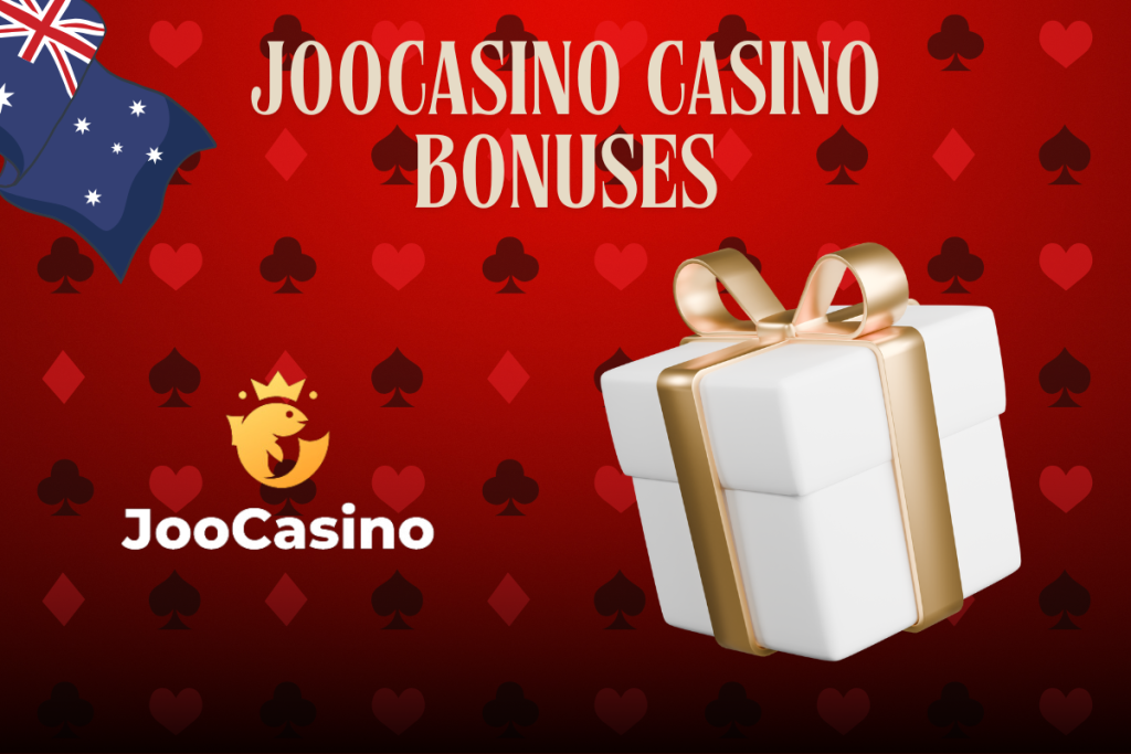 white present, joocasino logo and australian flag on red background