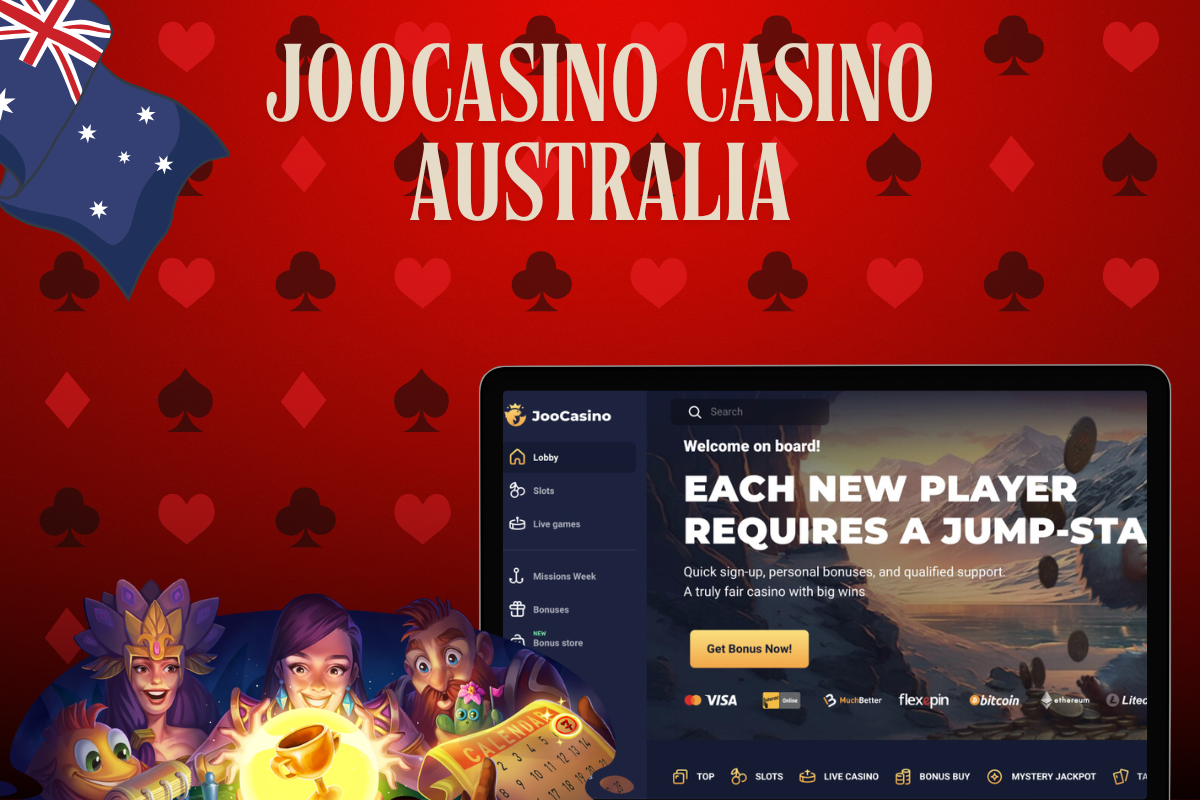 laptop with joocasino casino, joocasino logo and australian flag on red background