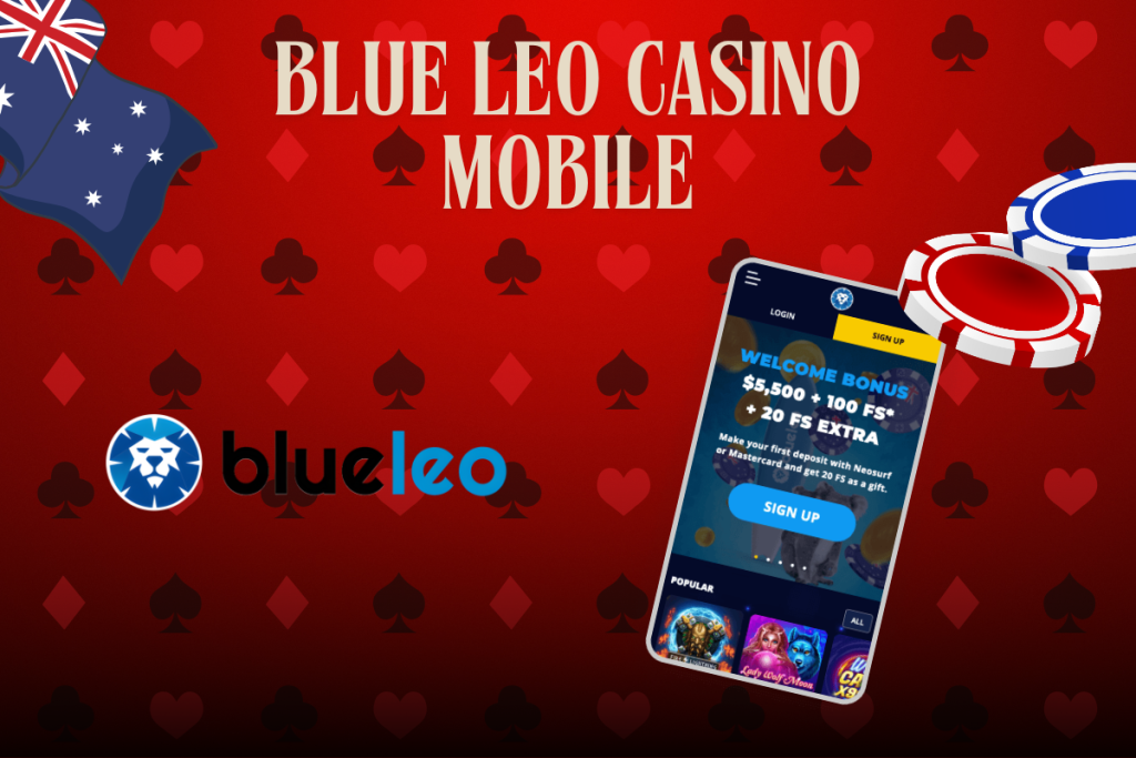 mobile with blue leo casino, blue leo logo and australian flag on red background