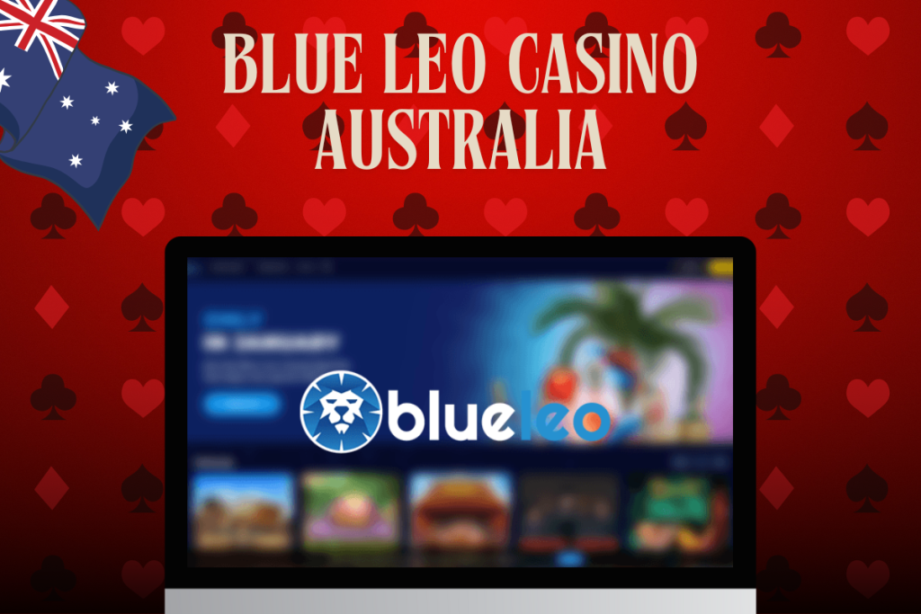 monitor with blue leo casino, blue leo logo and australian flag on red background