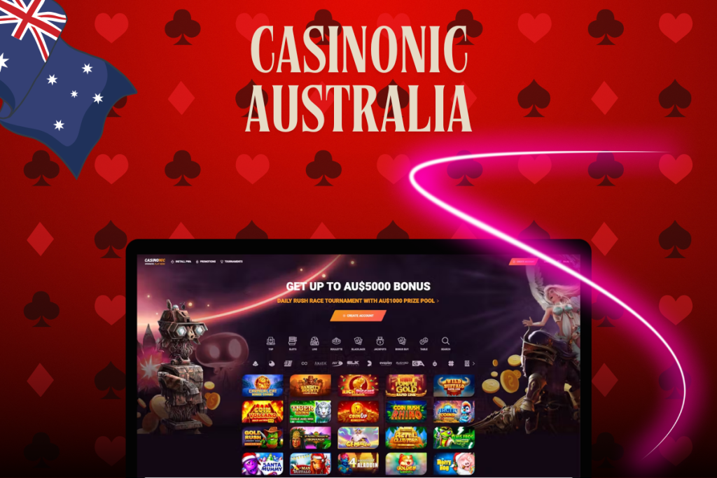 laptop with casionic casino, casionic logo and australian flag on red background